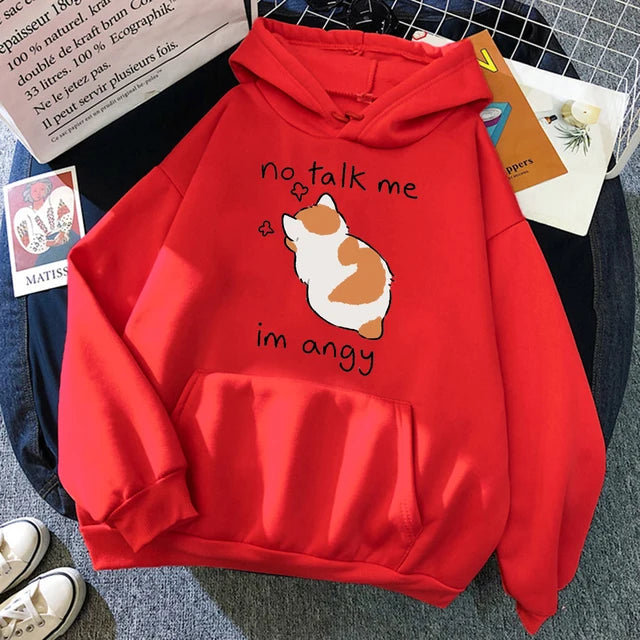 No Talk Me Angry Cat Print Hoody Hip Hop Soft Sweatshirt Fleece Sweatshirt Oversize Fleece