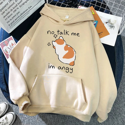 No Talk Me Angry Cat Print Hoody Hip Hop Soft Sweatshirt Fleece Sweatshirt Oversize Fleece