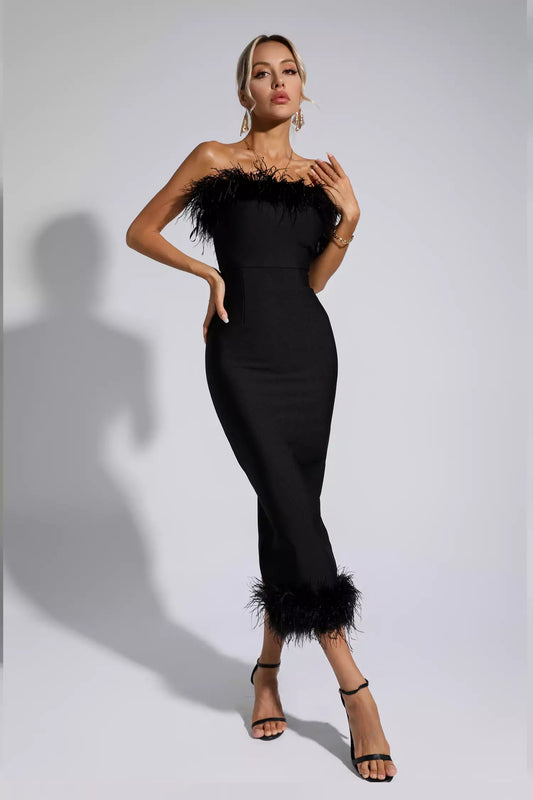 Noelle Black Feather Off-shoulder Maxi Dress