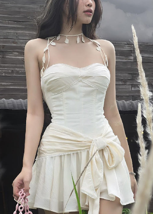 Novelty Beige Bow Original Design Cotton Mini Dresses Sleeveless Yz058
