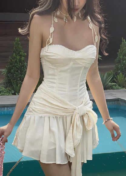 Novelty Beige Bow Original Design Cotton Mini Dresses Sleeveless Yz058