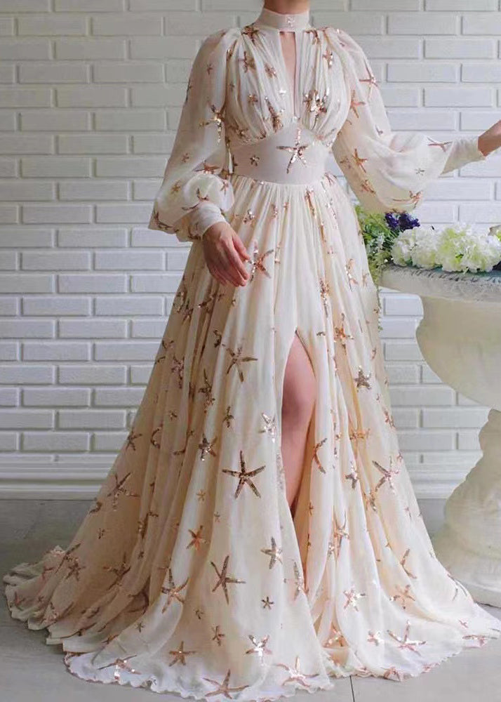 Novelty Beige Sequins Side Open Chiffon Long Dress Lantern Sleeve Ww1037