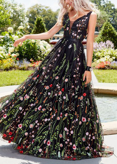 Novelty Black Embroidered Backless Tulle Maxi Dresses Sleeveless Tl027