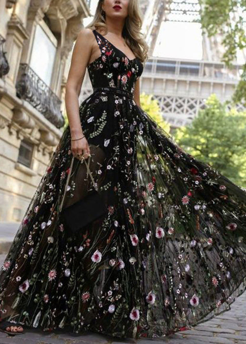 Novelty Black Embroidered Backless Tulle Maxi Dresses Sleeveless Tl027