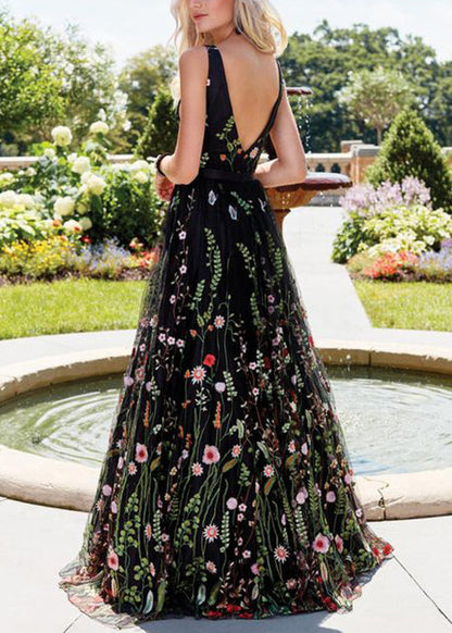 Novelty Black Embroidered Backless Tulle Maxi Dresses Sleeveless Tl027