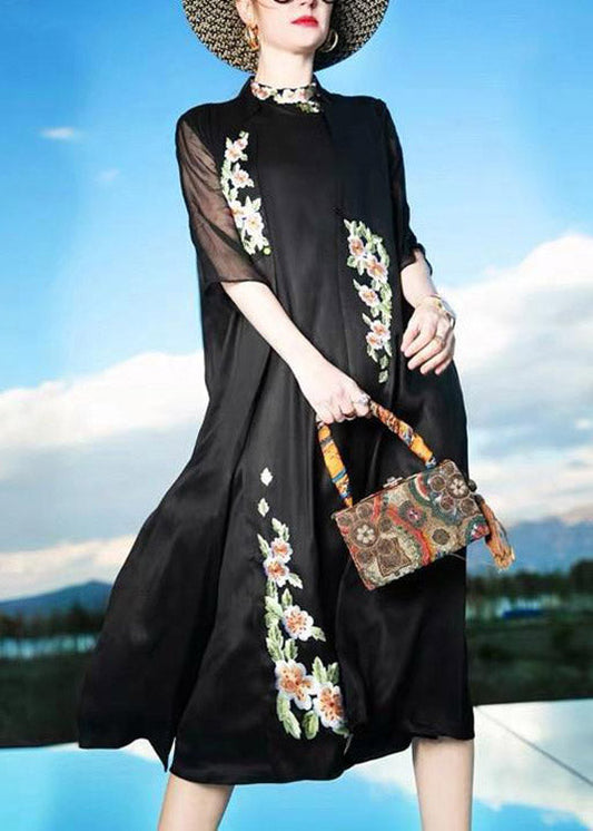 Novelty Black Stand Collar Embroideried Button Silk Maxi Dress Summer Ly1492