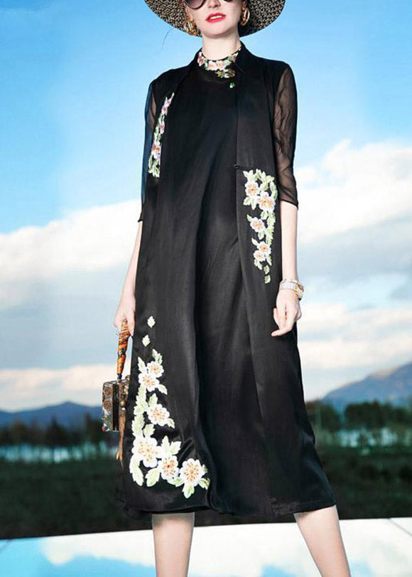 Novelty Black Stand Collar Embroideried Button Silk Maxi Dress Summer Ly1492