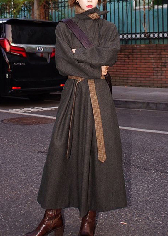 Novelty Blackish Green Turtleneck Patchwork Tie Waist Woolen Maxi Trench Coats Spring Ta014