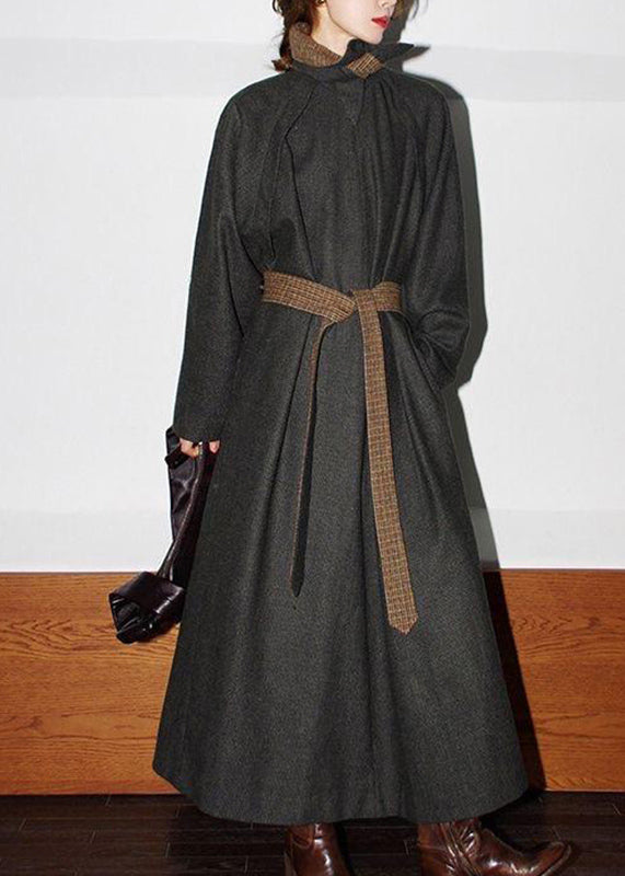 Novelty Blackish Green Turtleneck Patchwork Tie Waist Woolen Maxi Trench Coats Spring Ta014