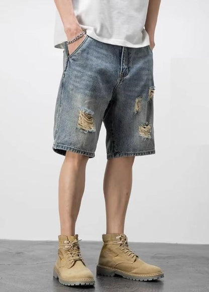 Novelty Blue Hole Pockets High Waist Denim Shorts Summer Yl028