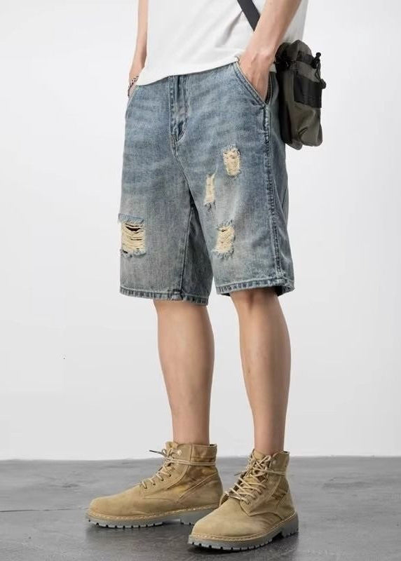 Novelty Blue Hole Pockets High Waist Denim Shorts Summer Yl028