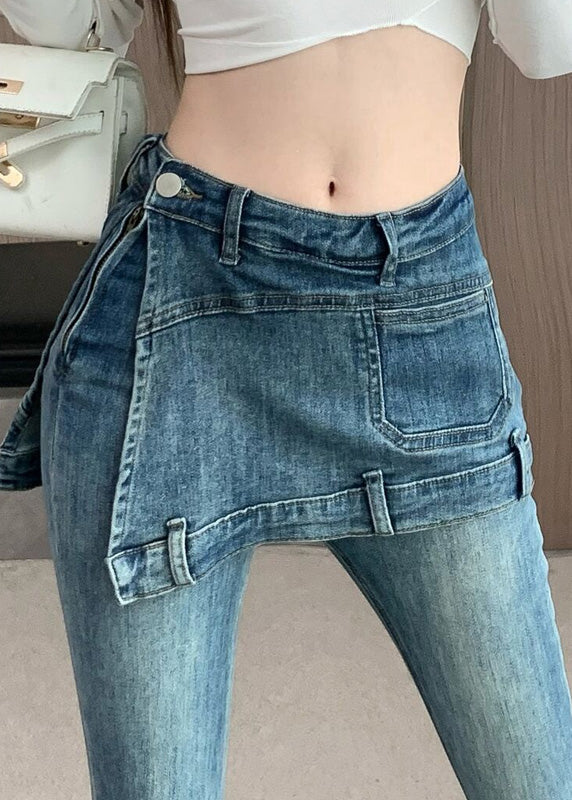 Novelty Blue Patchwork High Waist Fake Two Pieces Denim Flared Pants Spring Rp012