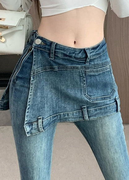 Novelty Blue Patchwork High Waist Fake Two Pieces Denim Flared Pants Spring Rp012