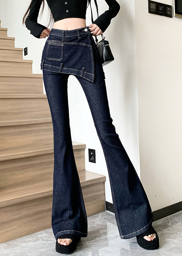 Novelty Blue Patchwork High Waist Fake Two Pieces Denim Flared Pants Spring Rp012