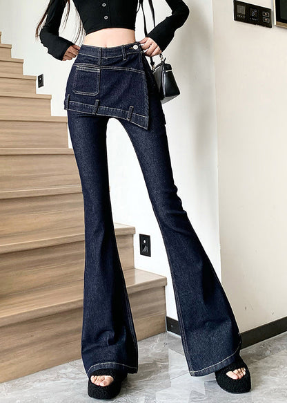 Novelty Blue Patchwork High Waist Fake Two Pieces Denim Flared Pants Spring Rp012