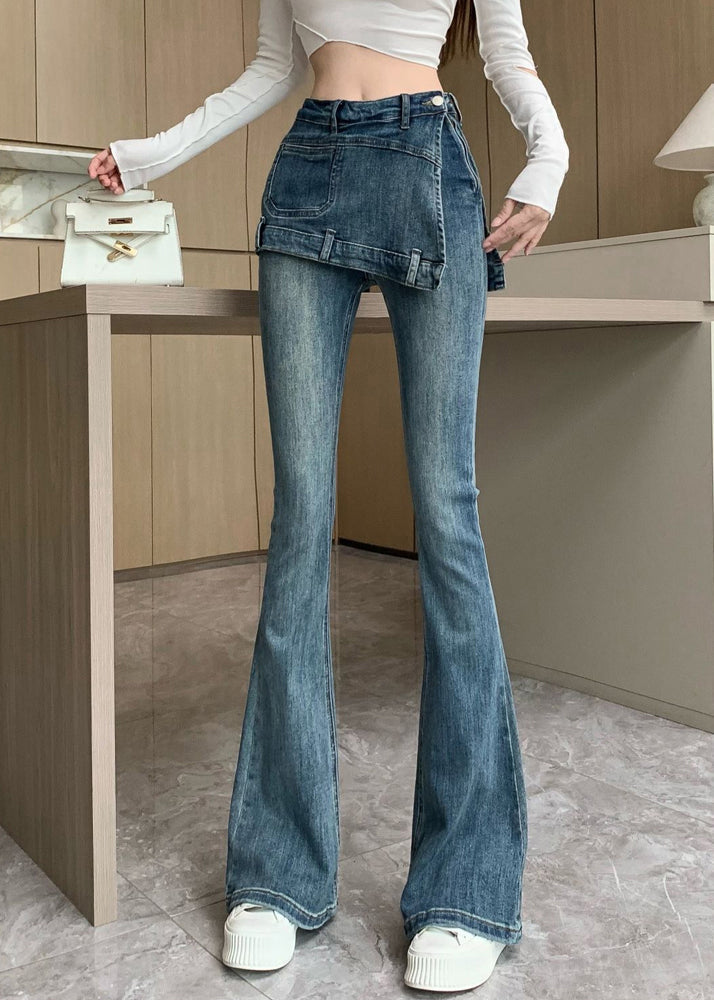 Novelty Blue Patchwork High Waist Fake Two Pieces Denim Flared Pants Spring Rp012