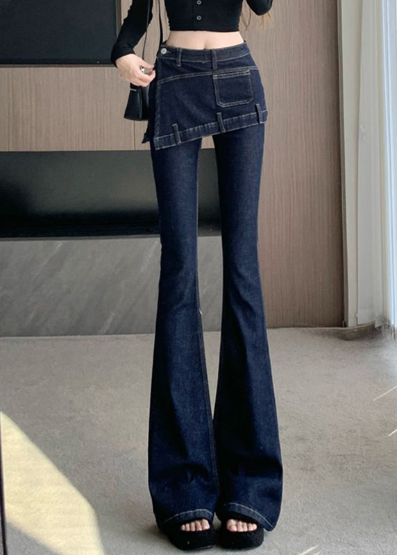 Novelty Blue Patchwork High Waist Fake Two Pieces Denim Flared Pants Spring Rp012