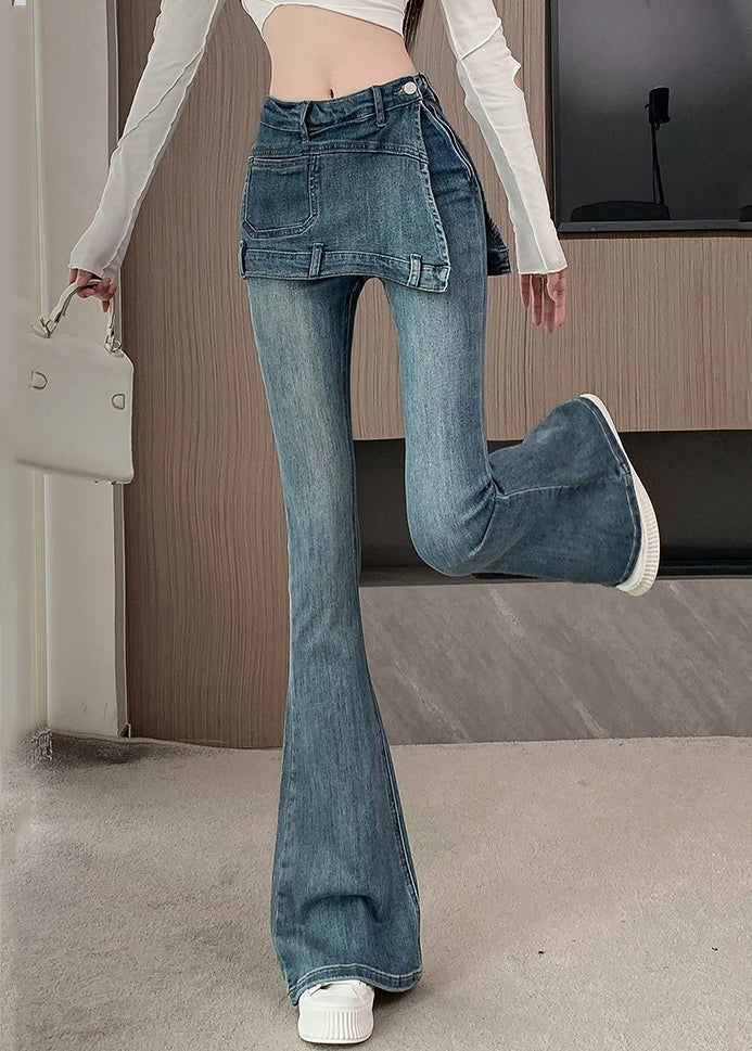 Novelty Blue Patchwork High Waist Fake Two Pieces Denim Flared Pants Spring Rp012