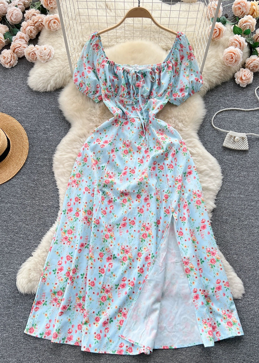 Novelty Blue Square Collar Front Side Open Cotton Long Dress Summer Tr028