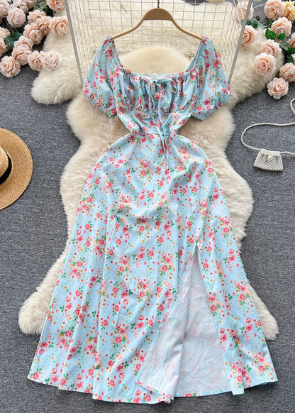 Novelty Blue Square Collar Front Side Open Cotton Long Dress Summer Tr028