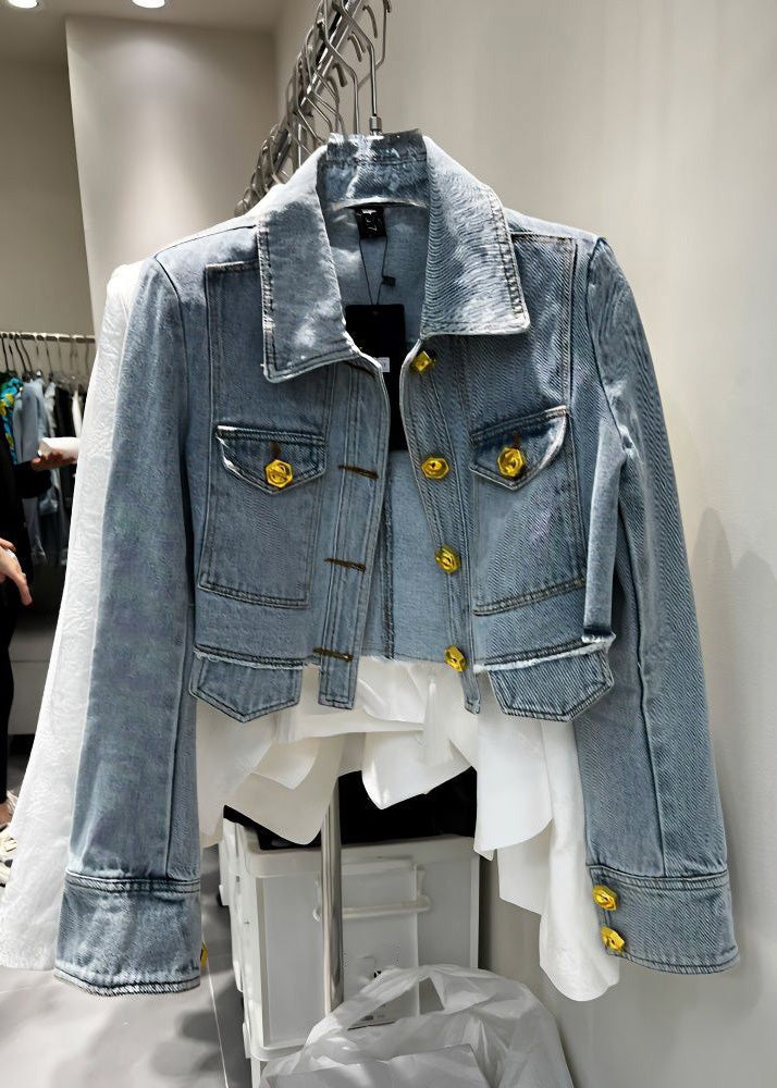 Novelty Denim Blue Peter Pan Collar Patchwork Button Coats Long Sleeve Ty1074