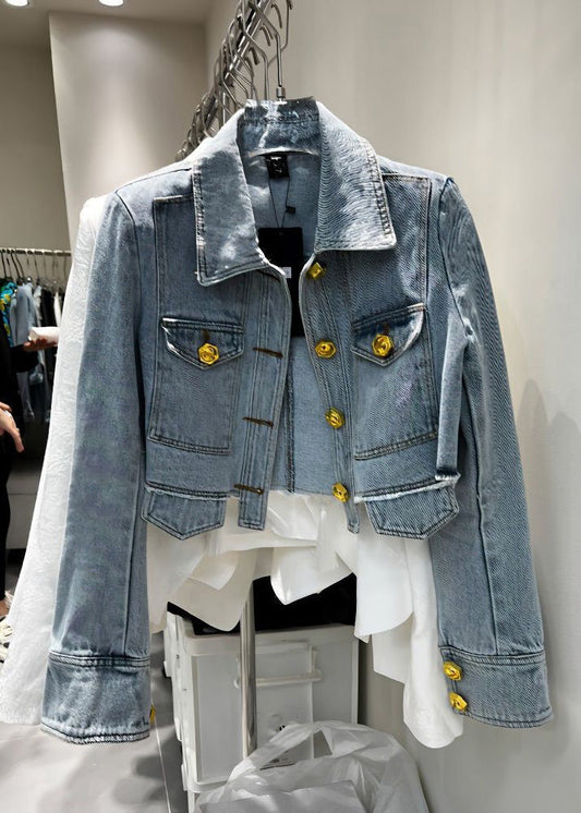 Novelty Denim Blue Peter Pan Collar Patchwork Button Coats Long Sleeve Ty1074