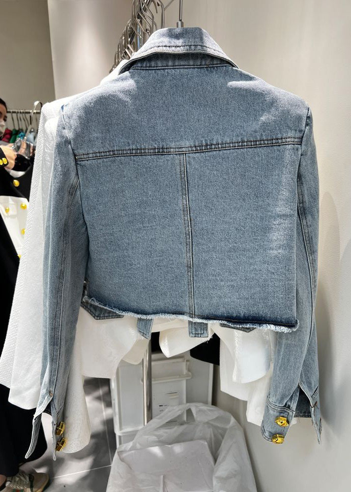 Novelty Denim Blue Peter Pan Collar Patchwork Button Coats Long Sleeve Ty1074