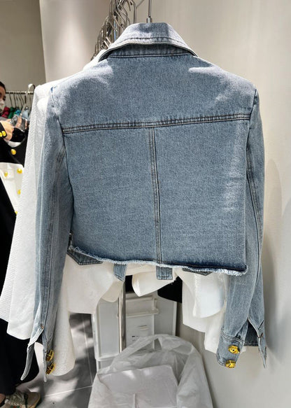 Novelty Denim Blue Peter Pan Collar Patchwork Button Coats Long Sleeve Ty1074