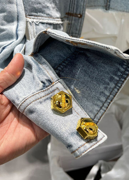 Novelty Denim Blue Peter Pan Collar Patchwork Button Coats Long Sleeve Ty1074