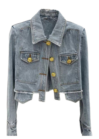 Novelty Denim Blue Peter Pan Collar Patchwork Button Coats Long Sleeve Ty1074