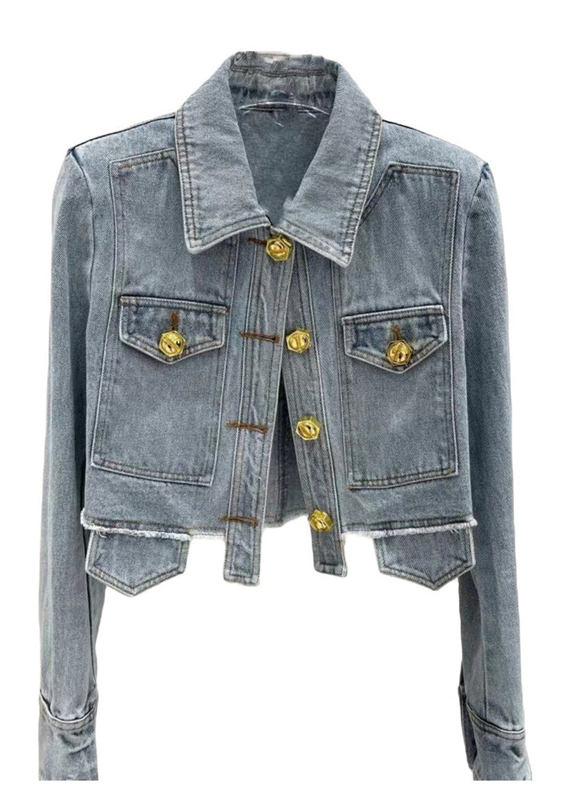 Novelty Denim Blue Peter Pan Collar Patchwork Button Coats Long Sleeve Ty1074