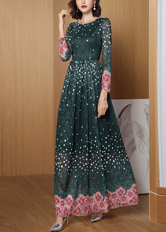 Novelty Green O-neck Print Lace Patchwork Tunic Maxi Dress Long Sleeve Ly1708