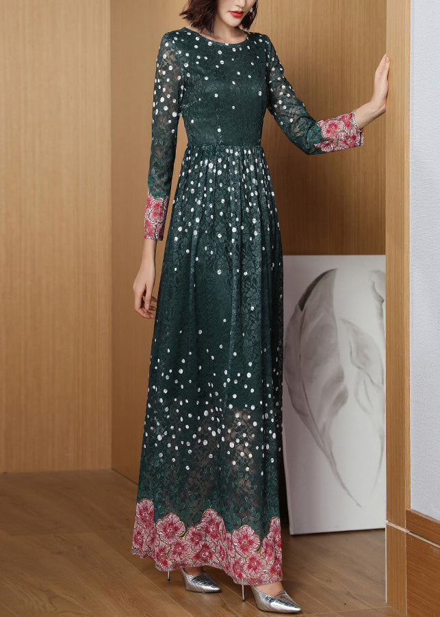 Novelty Green O-neck Print Lace Patchwork Tunic Maxi Dress Long Sleeve Ly1708