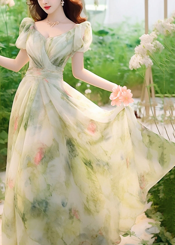 Novelty Green Print High Waist Chiffon Long Dresses Summer Kj021