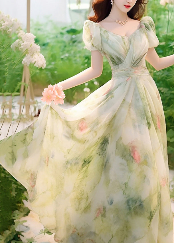 Novelty Green Print High Waist Chiffon Long Dresses Summer Kj021