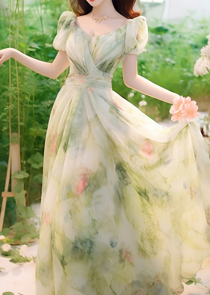 Novelty Green Print High Waist Chiffon Long Dresses Summer Kj021