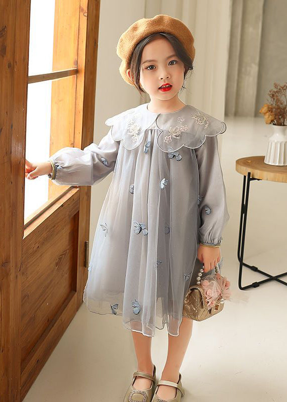 Novelty Grey Butterfly Embroideried Tulle Long Dress Long Sleeve Ss1064