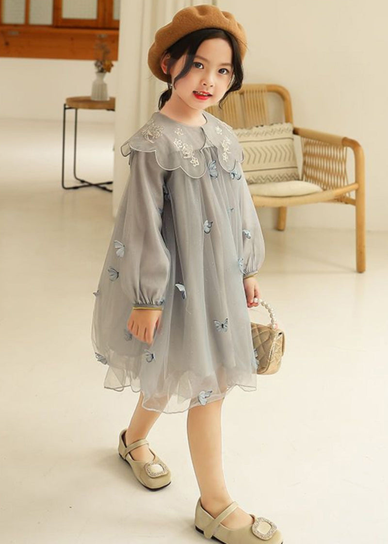 Novelty Grey Butterfly Embroideried Tulle Long Dress Long Sleeve Ss1064