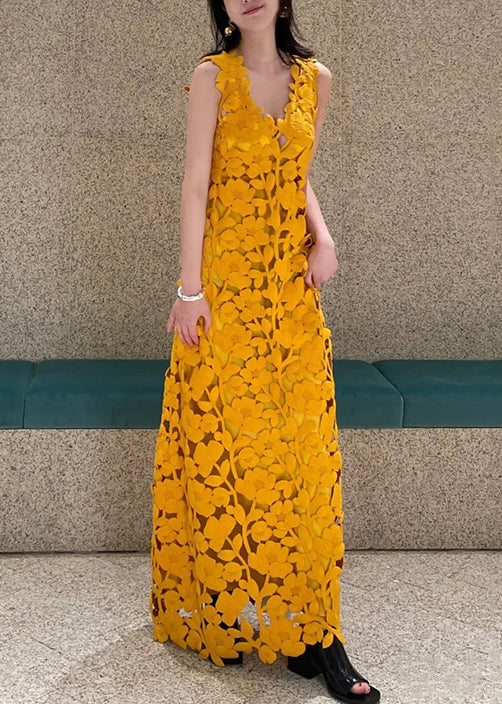 Novelty Orange V Neck Hollow Out Maxi Dresses Sleeveless Op1036