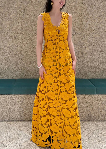 Novelty Orange V Neck Hollow Out Maxi Dresses Sleeveless Op1036