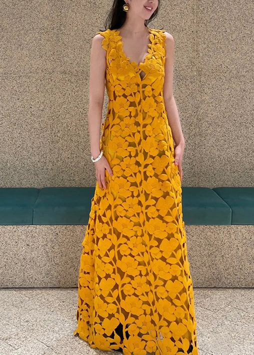 Novelty Orange V Neck Hollow Out Maxi Dresses Sleeveless Op1036