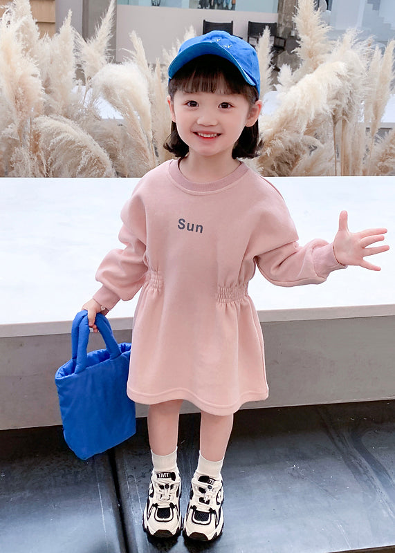 Novelty Pink O-neck Wrinkled Kids Long Dresses Spring Tv036