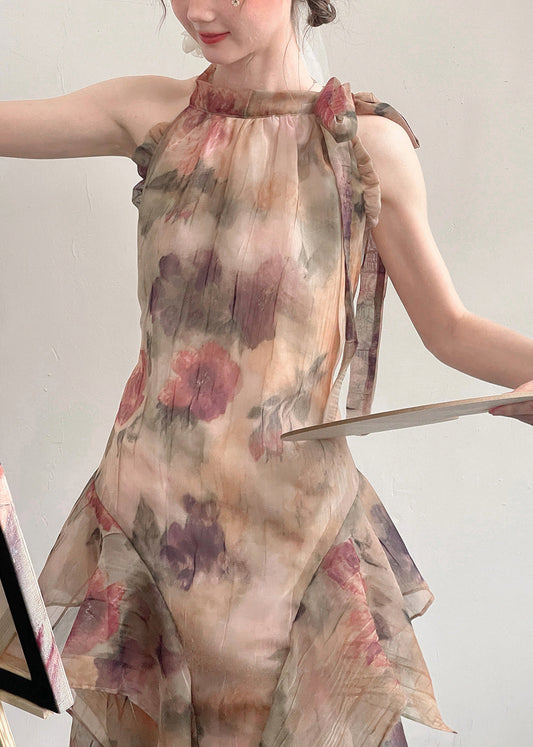 Novelty Print Ruffled Lace Up Cotton Long Dresses Sleeveless Ee1054