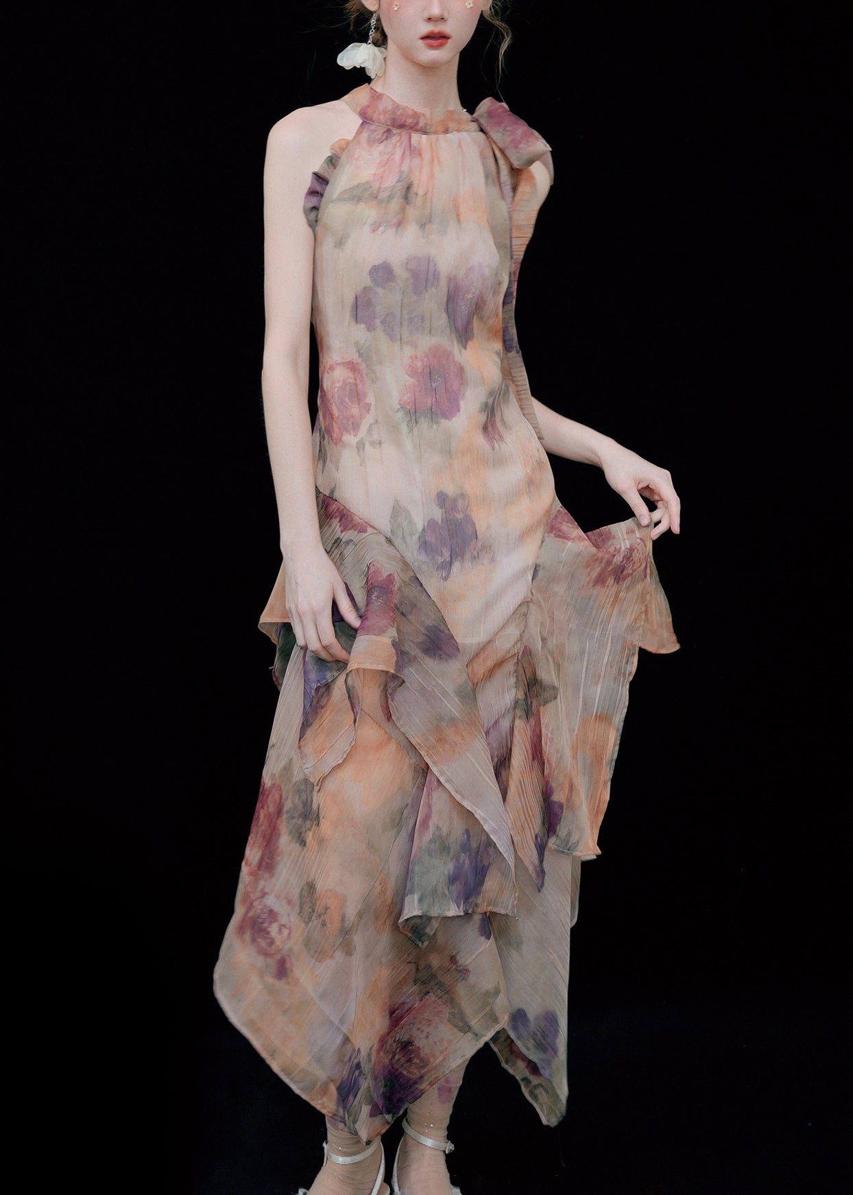 Novelty Print Ruffled Lace Up Cotton Long Dresses Sleeveless Ee1054