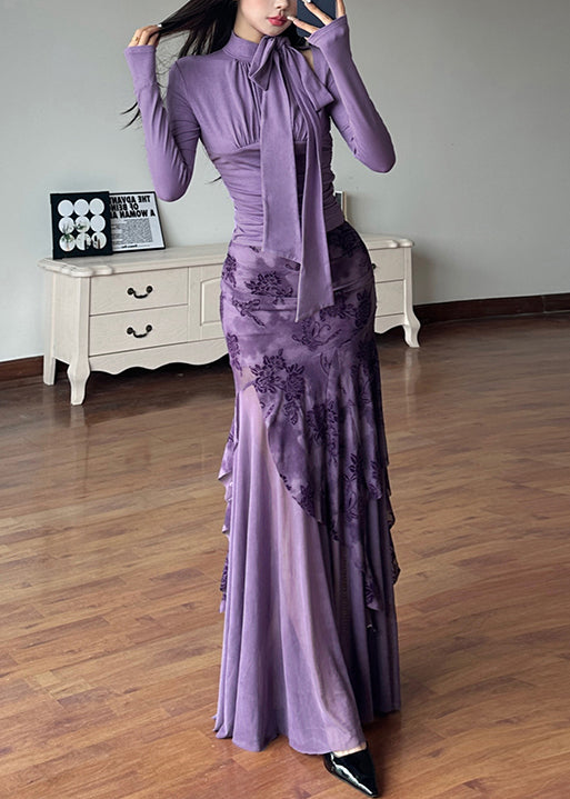Novelty Purple Lace Up Tulle Patchwork Tops and Skirts Two-piece Set Spring Yt006
