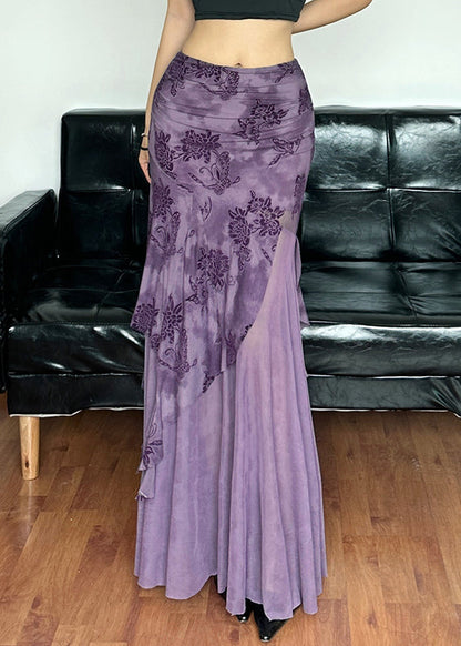 Novelty Purple Lace Up Tulle Patchwork Tops and Skirts Two-piece Set Spring Yt006
