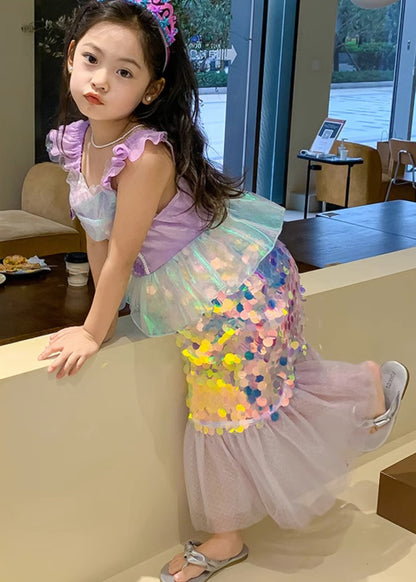 Novelty Purple Square Collar Sequins Tulle Kids Mermaid Maxi Dress Short Sleeve Ye011
