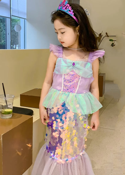Novelty Purple Square Collar Sequins Tulle Kids Mermaid Maxi Dress Short Sleeve Ye011
