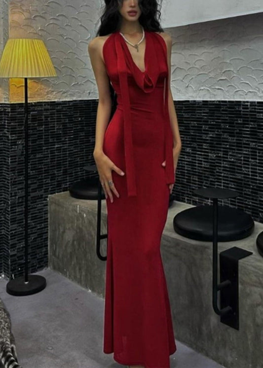 Novelty Red Halter Tie Waist Long Dresses Summer Yj002