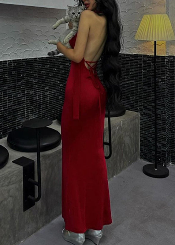 Novelty Red Halter Tie Waist Long Dresses Summer Yj002